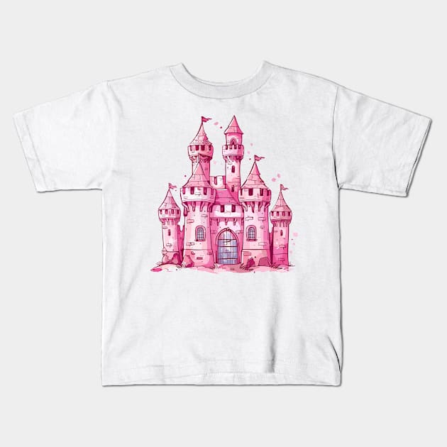 Magical Pink Castle Fairytale Princess Castle Queen Castle Kids T-Shirt by RetroZin